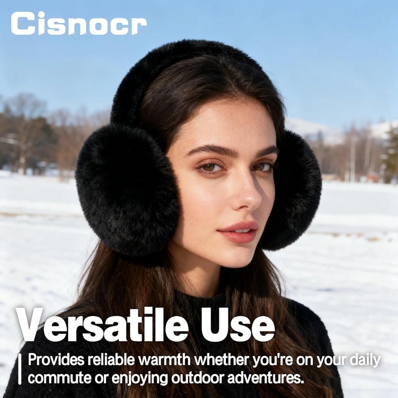 Cisnocr 2pcs Earmuffs for Women Winter White Black Fur Earmuffs Foldable Ear Warmer Soft Ear Covers - Image 4